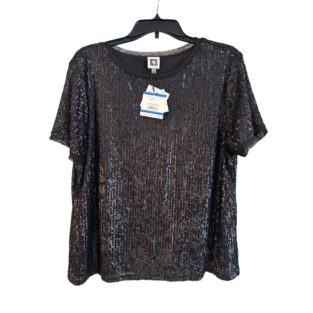 Anne Klein Women’s Sequin Short Sleeve Crewneck Tee Black Size XL Party NWT